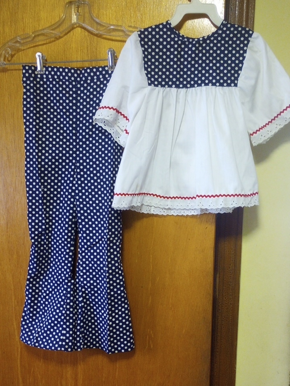 Navy Blue & White Vintage Retro Polka Dot Cotton Pantsuit w/ Red Rick Rack Sz 6X